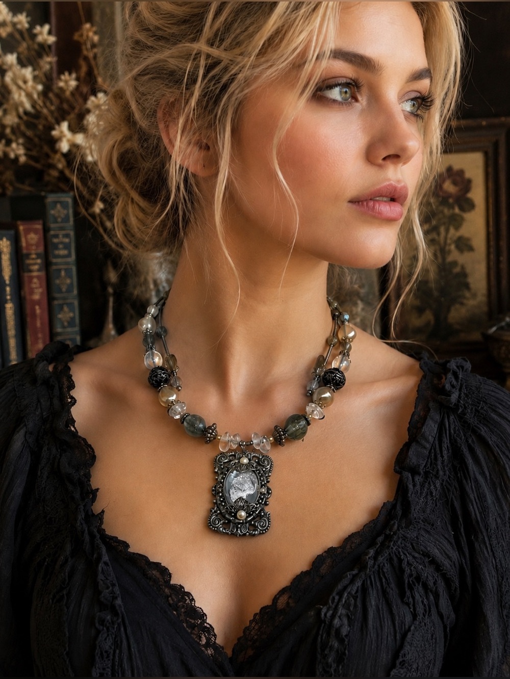 Treska Beaded Choker Necklace Ornate Pendant Silver Tone
Romantic Goth Academia